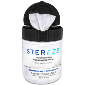 Stereze STHS100W Hand Sanitizer, Presaturated Wipes, 5" x 8", 100/Tub